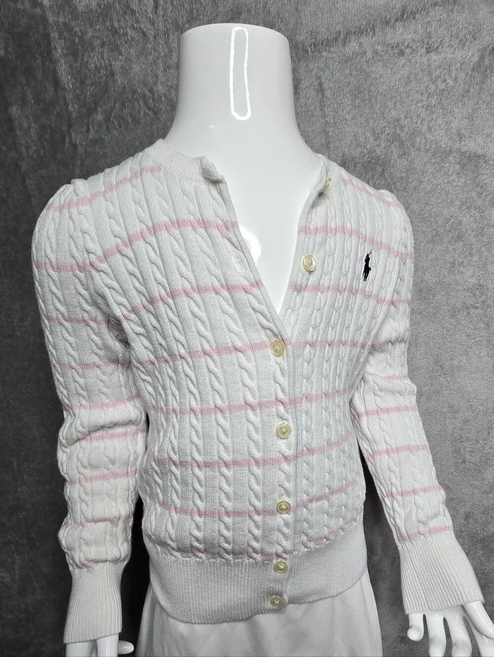 Ralph Lauren White Cable-Knit Cardigan with Light Pink Stripes